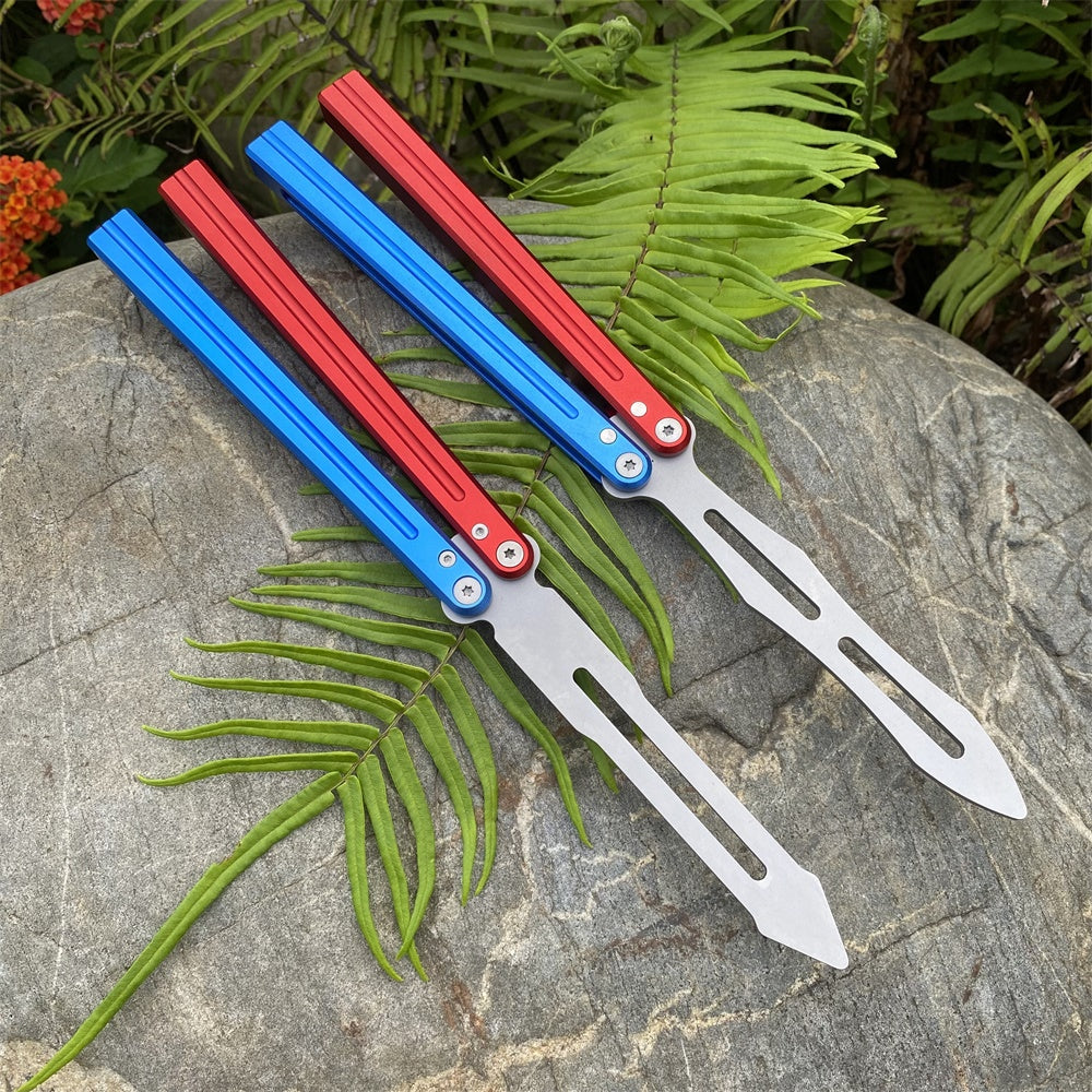 CNC Cutting High-End Sword Head Butterfly Knife Balisong Trainer With Red Blue Color Aluminum Alloy Handle