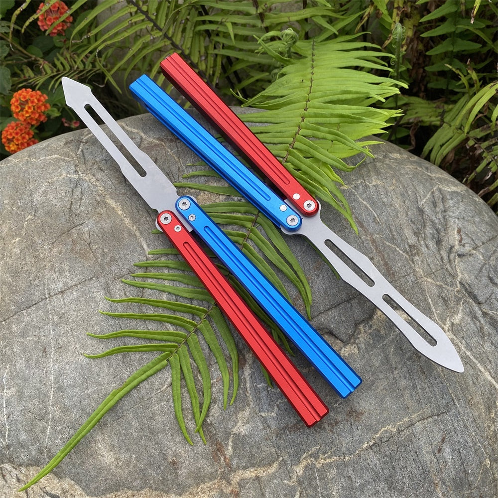 CNC Cutting High-End Sword Head Butterfly Knife Balisong Trainer With Red Blue Color Aluminum Alloy Handle