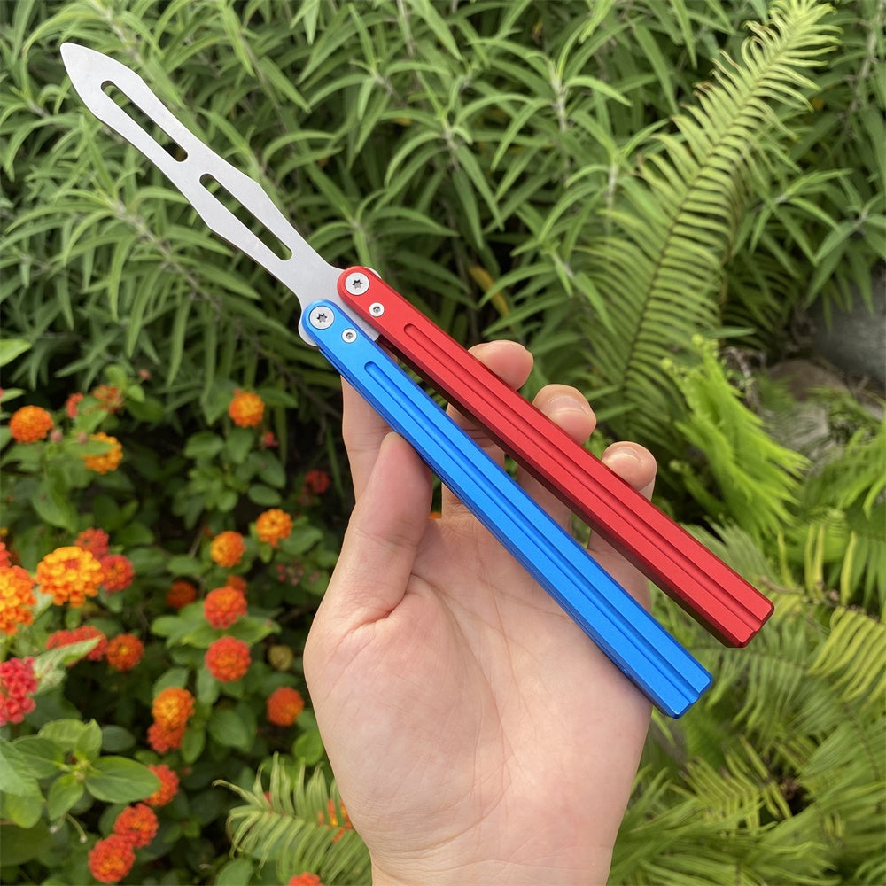 CNC Cutting High-End Sword Head Butterfly Knife Balisong Trainer With Red Blue Color Aluminum Alloy Handle