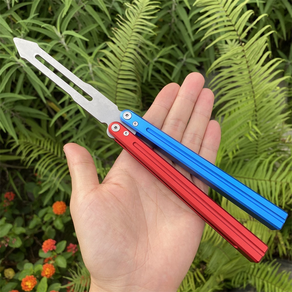 CNC Cutting High-End Sword Head Butterfly Knife Balisong Trainer With Red Blue Color Aluminum Alloy Handle