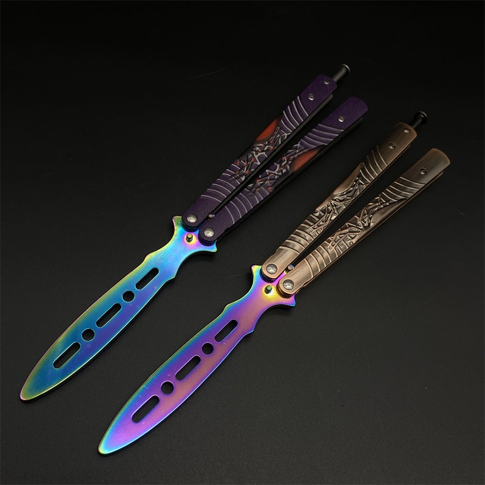 Blunt Blade Stainless Steel 3D Spider Relief Balisong Butterfly Knife Trainer