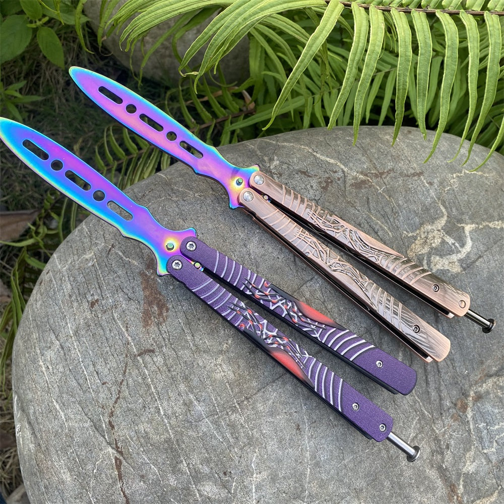 Blunt Blade Stainless Steel 3D Spider Relief Balisong Butterfly Knife Trainer