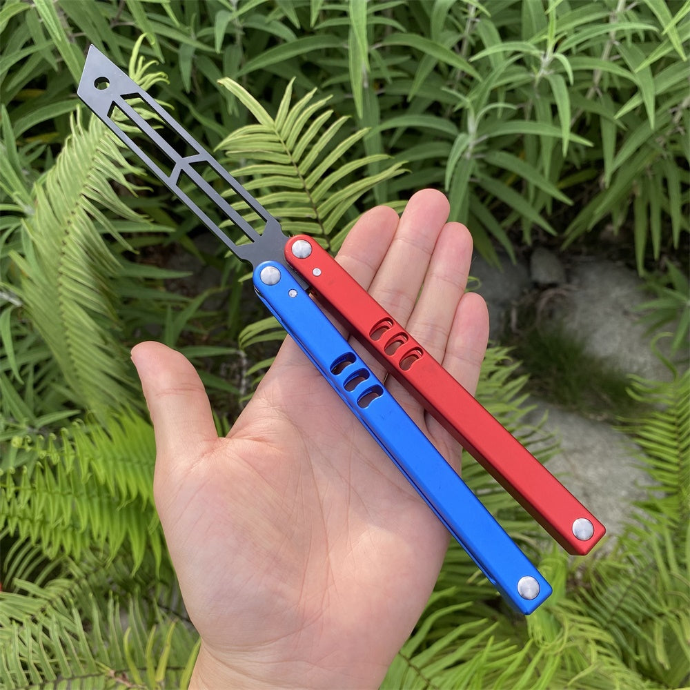 High-End CNC Blue Red Contrast Colored Balisong Butterfly Knife Trainer Safe Dull Blade