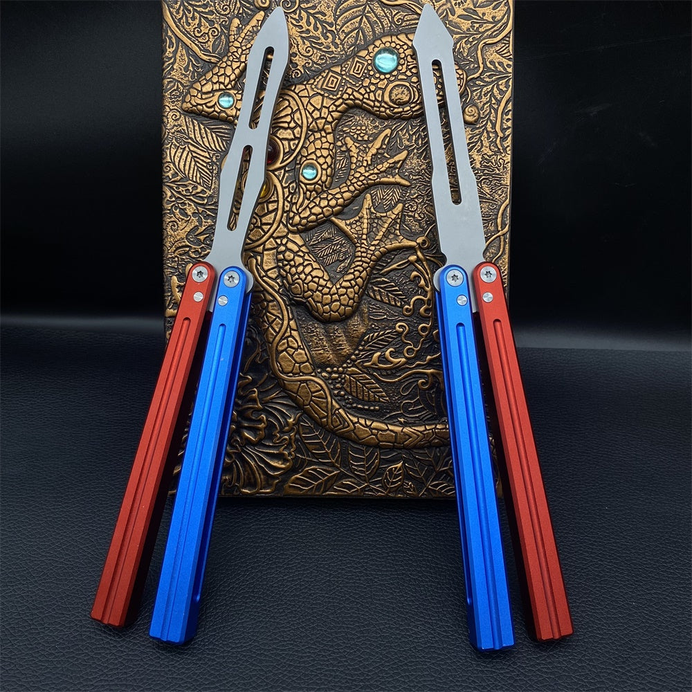 CNC Cutting High-End Sword Head Butterfly Knife Balisong Trainer With Red Blue Color Aluminum Alloy Handle
