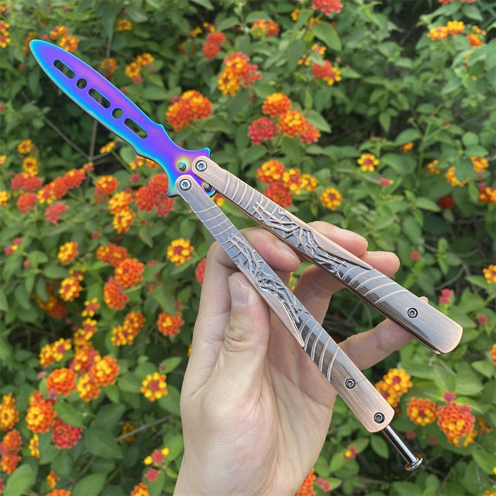 Blunt Blade Stainless Steel 3D Spider Relief Balisong Butterfly Knife Trainer