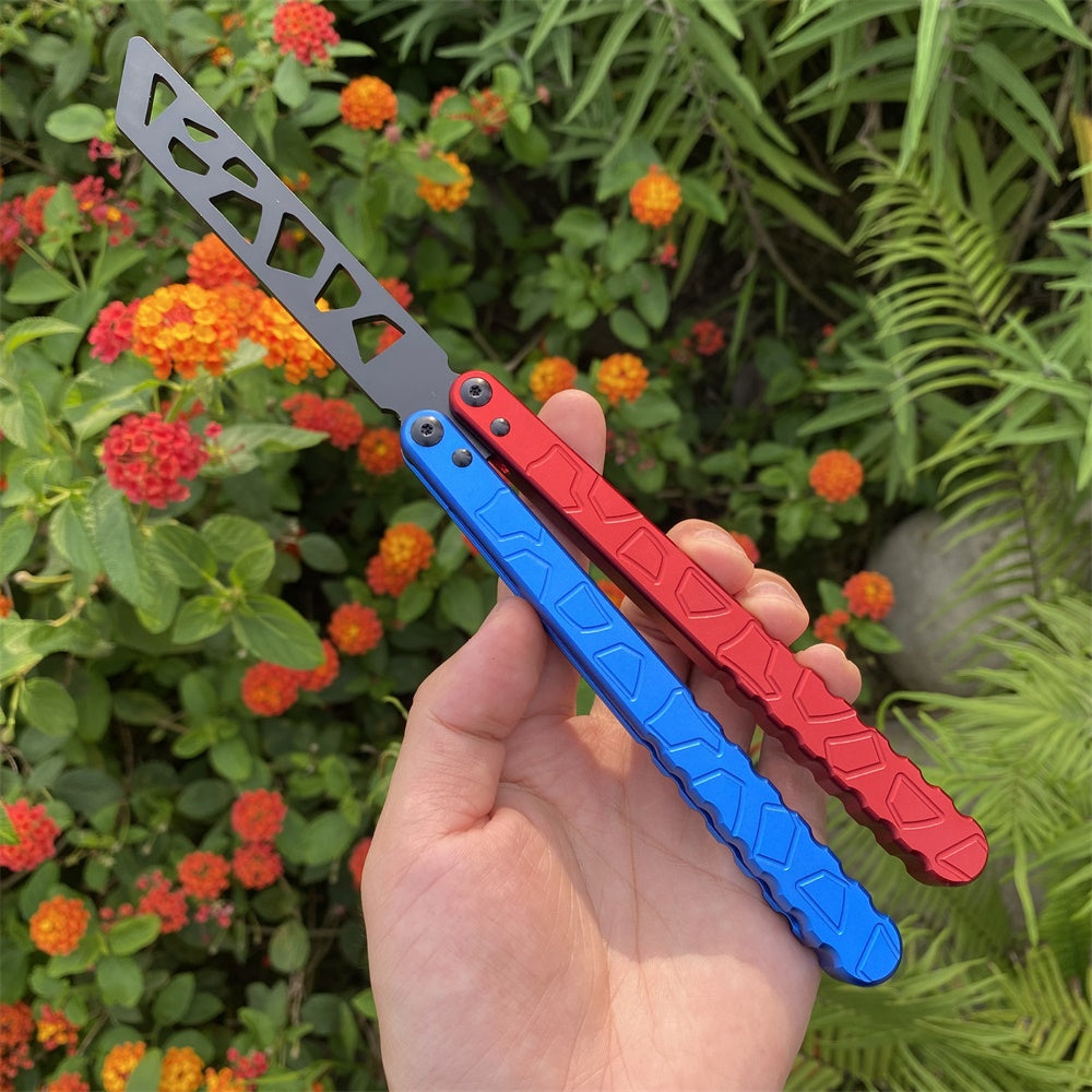 High-End CNC Blue Red Contrast Colored Balisong Butterfly Knife Trainer Safe Dull Blade