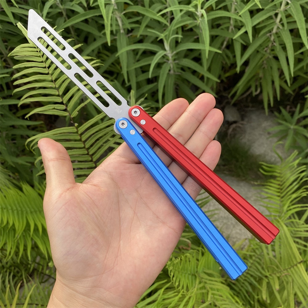 High-End CNC Blue Red Contrast Colored Balisong Butterfly Knife Trainer Safe Dull Blade