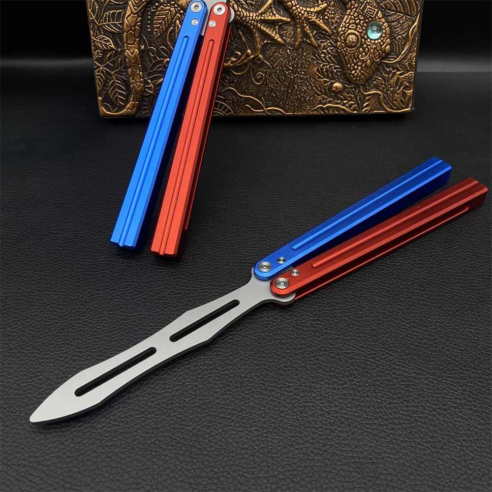 CNC Cutting High-End Sword Head Butterfly Knife Balisong Trainer With Red Blue Color Aluminum Alloy Handle