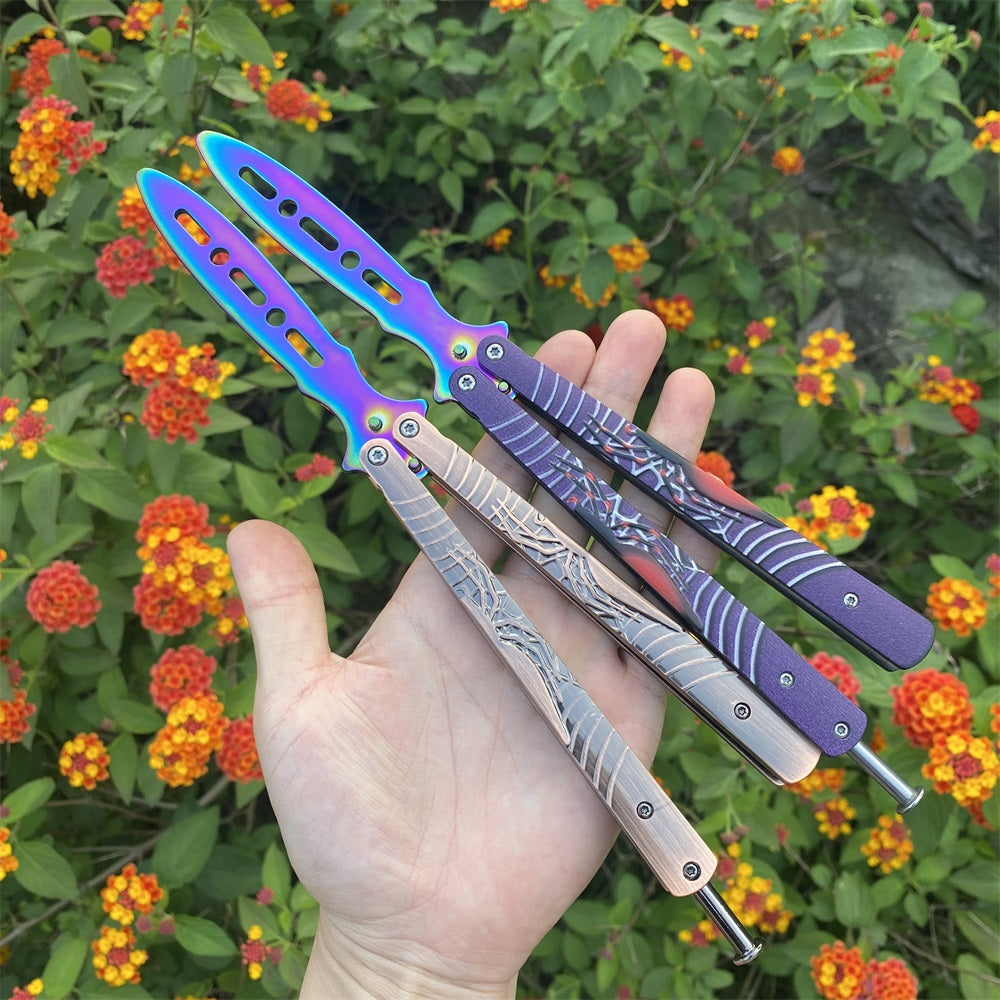 Blunt Blade Stainless Steel 3D Spider Relief Balisong Butterfly Knife Trainer