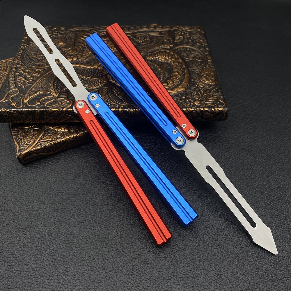CNC Cutting High-End Sword Head Butterfly Knife Balisong Trainer With Red Blue Color Aluminum Alloy Handle