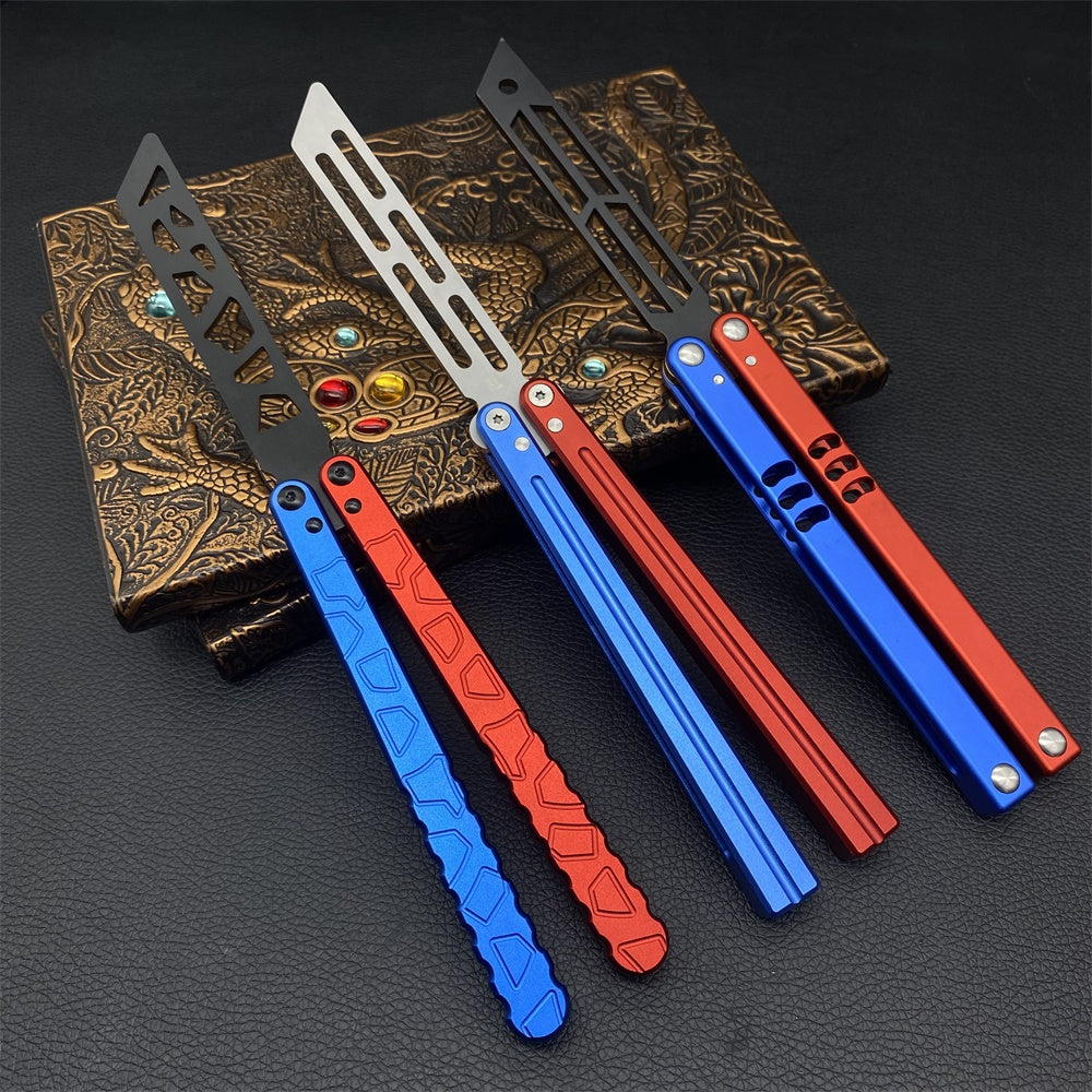 High-End CNC Blue Red Contrast Colored Balisong Butterfly Knife Trainer Safe Dull Blade