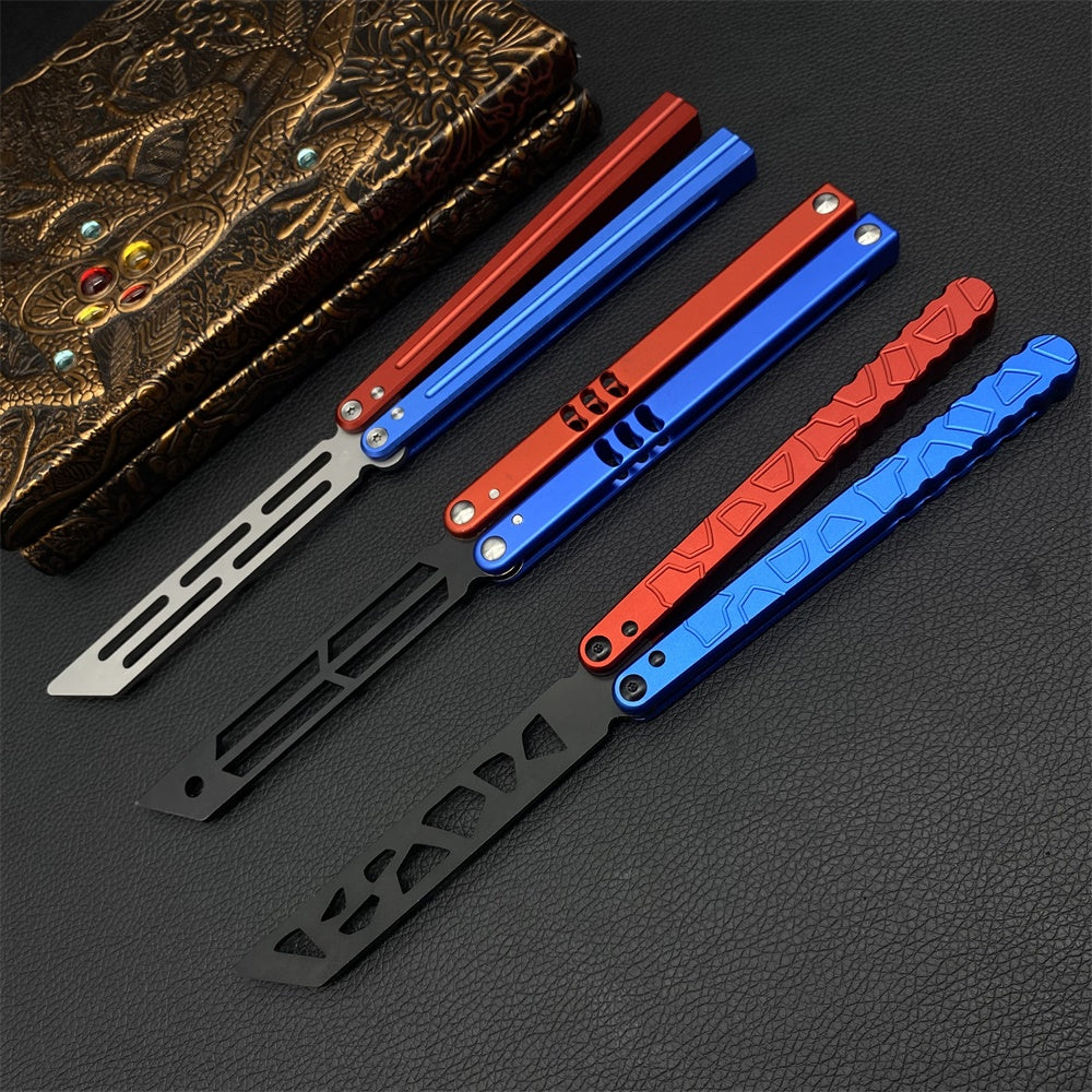 High-End CNC Blue Red Contrast Colored Balisong Butterfly Knife Trainer Safe Dull Blade