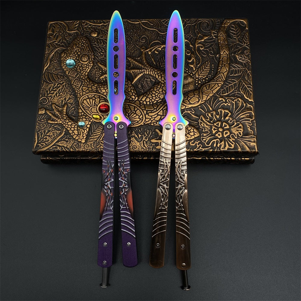 Blunt Blade Stainless Steel 3D Spider Relief Balisong Butterfly Knife Trainer
