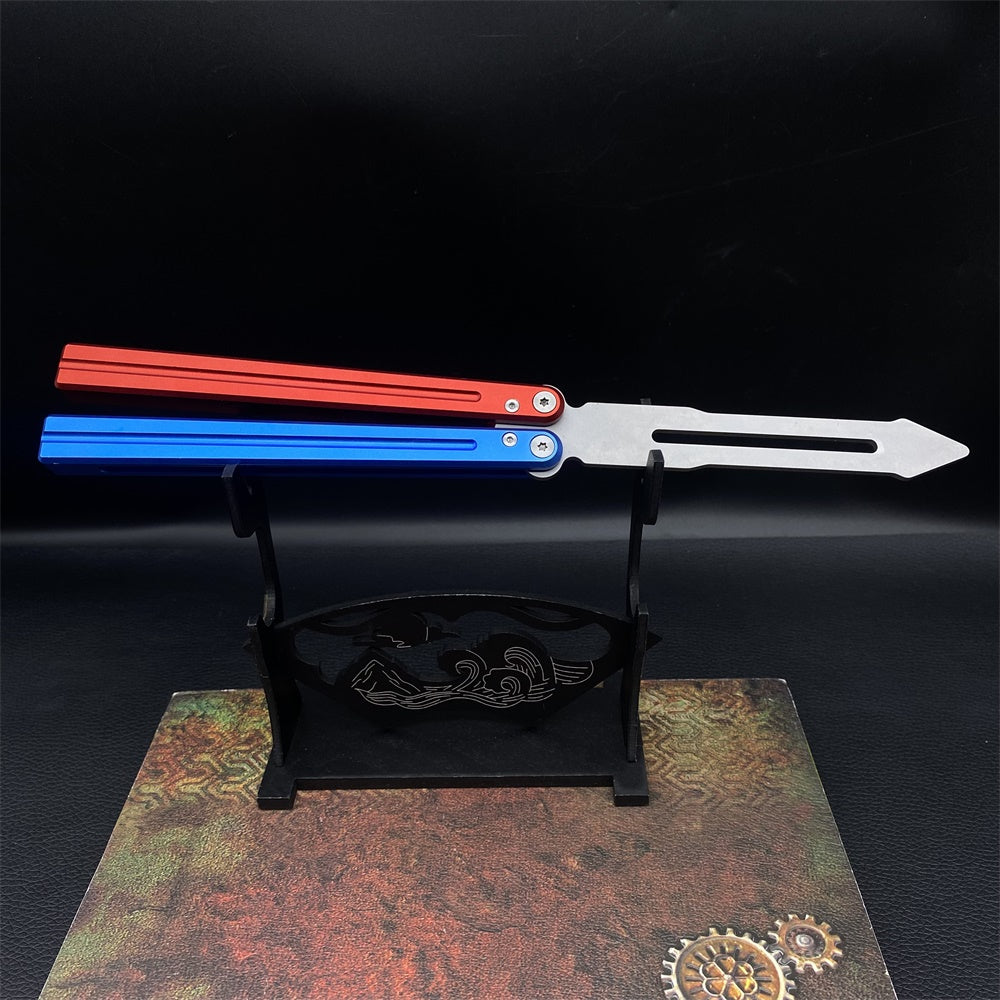 CNC Cutting High-End Sword Head Butterfly Knife Balisong Trainer With Red Blue Color Aluminum Alloy Handle