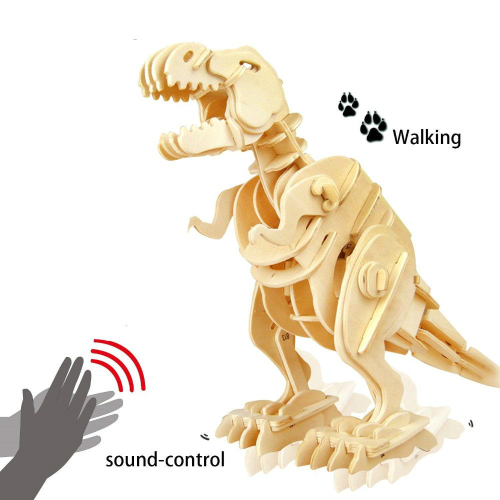 Diy 3D Walking T-REX Wooden Puzzle Kit Sound Control Dinosaur Toy Present