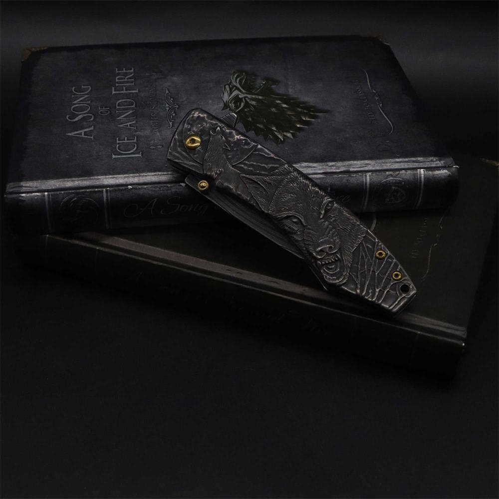 Wolf Head Relief Folding Knife
