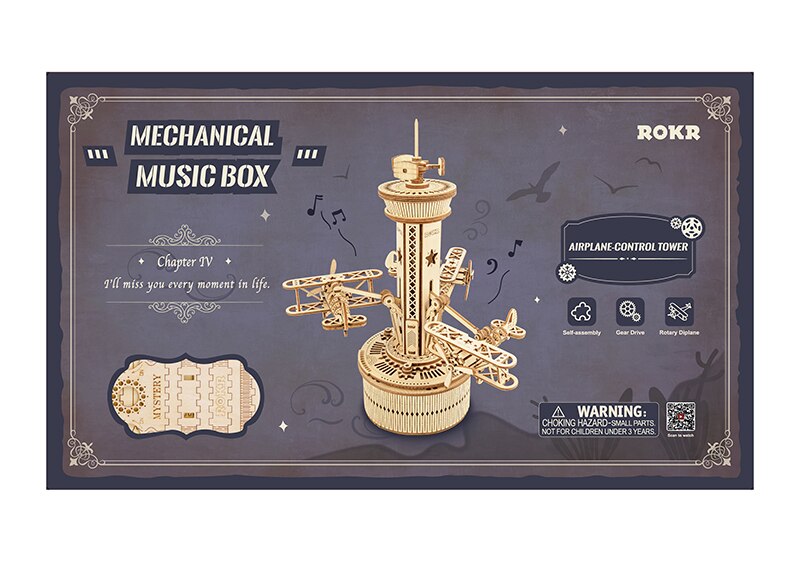 3D Airplane Control Wood Puzzle Tower Assembly Music Box Present for Adult Children