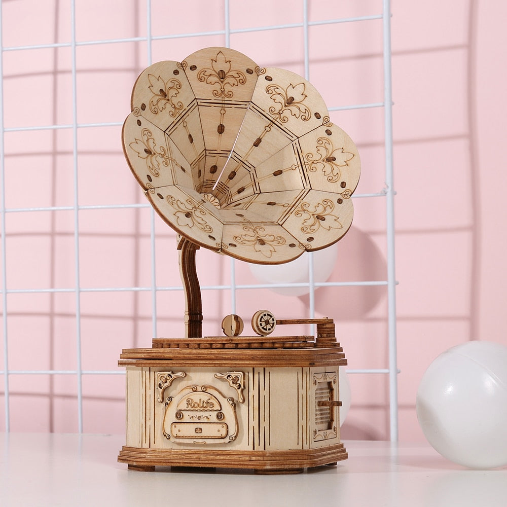 Diy 3d Gramophone Box Wooden Pumpkin Puzzle Cart Game Popular Assembly Toy Present