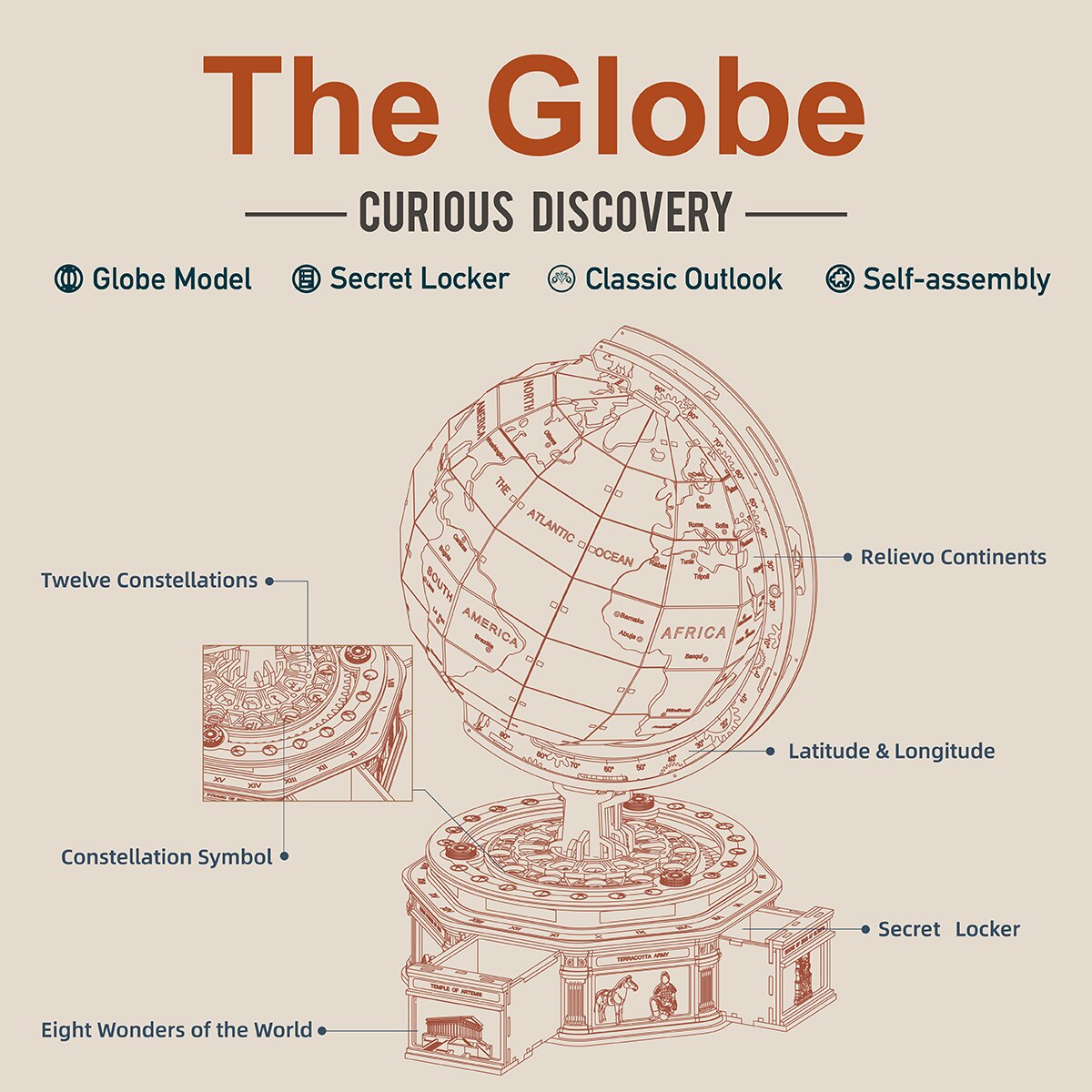Rotatable 3D Globe Wooden Puzzle Kit