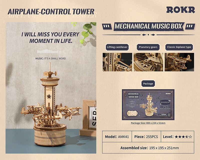 3D Airplane Control Wood Puzzle Tower Assembly Music Box Present for Adult Children