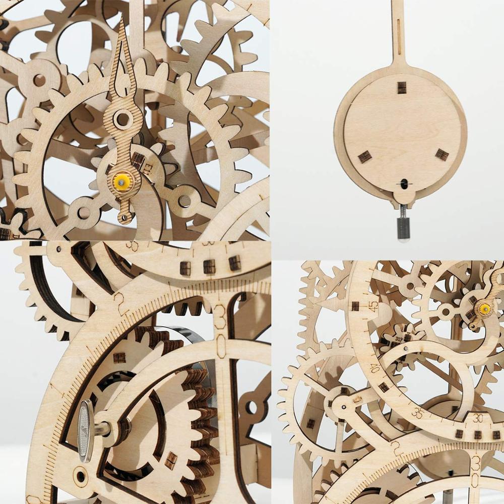 DIY 3D Mechanical Wood Block Construction Kits Toy Assembly Pendulum Clock