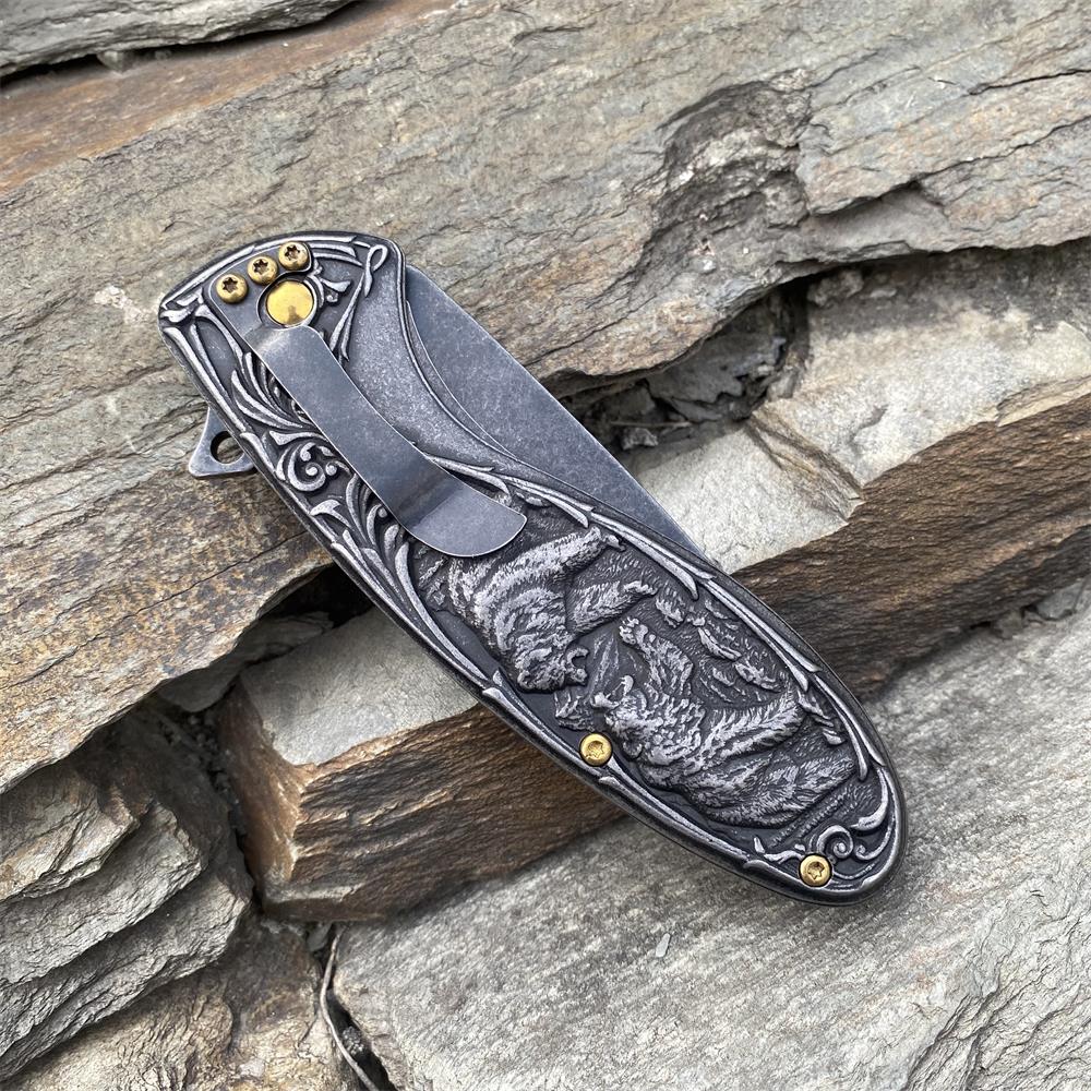 Brown Bear 3D Relief Folding Knife