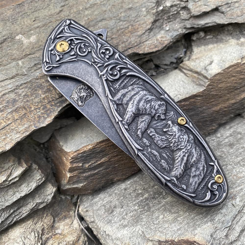 Brown Bear 3D Relief Folding Knife