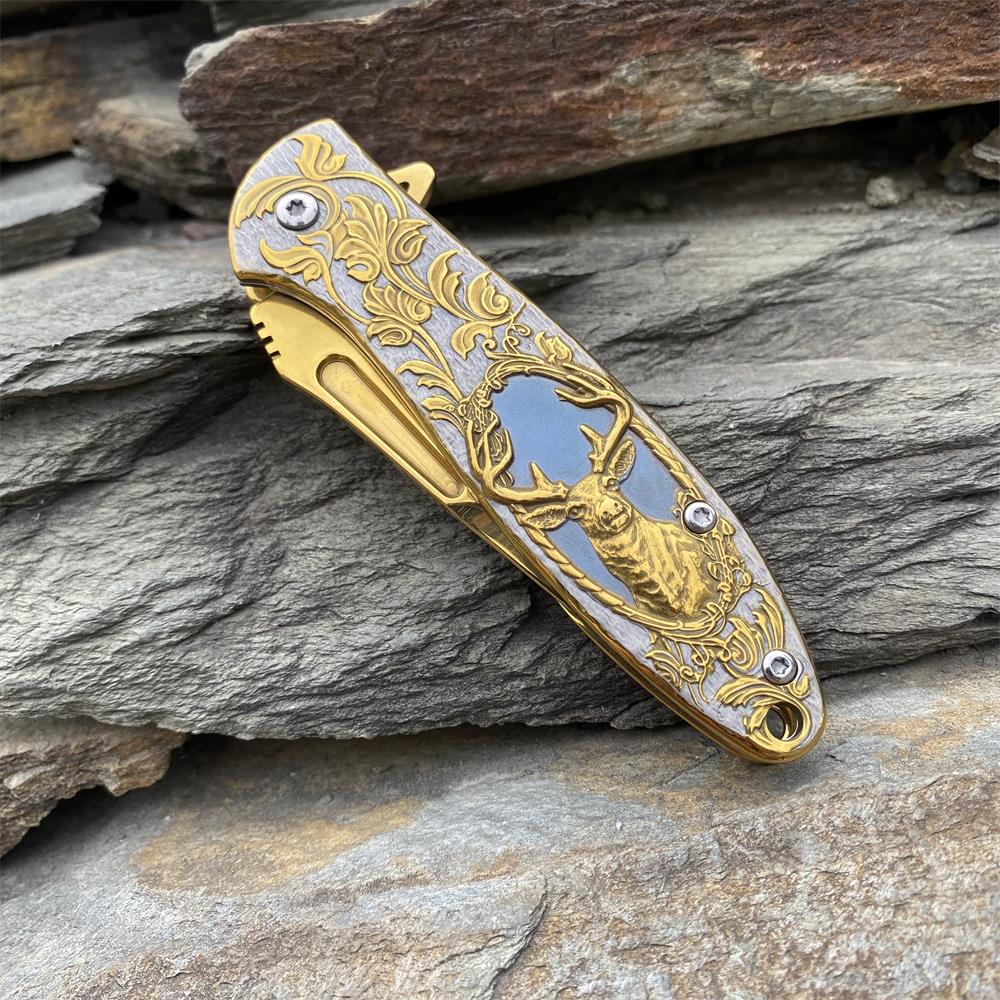 Fantastic Reindeer in the Mirror Folding Knife