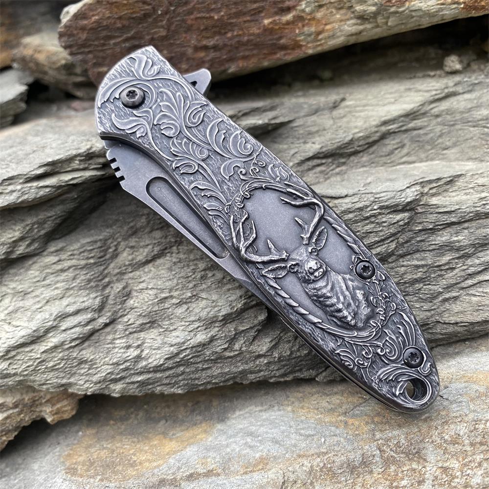 Fantastic Reindeer in the Mirror Folding Knife