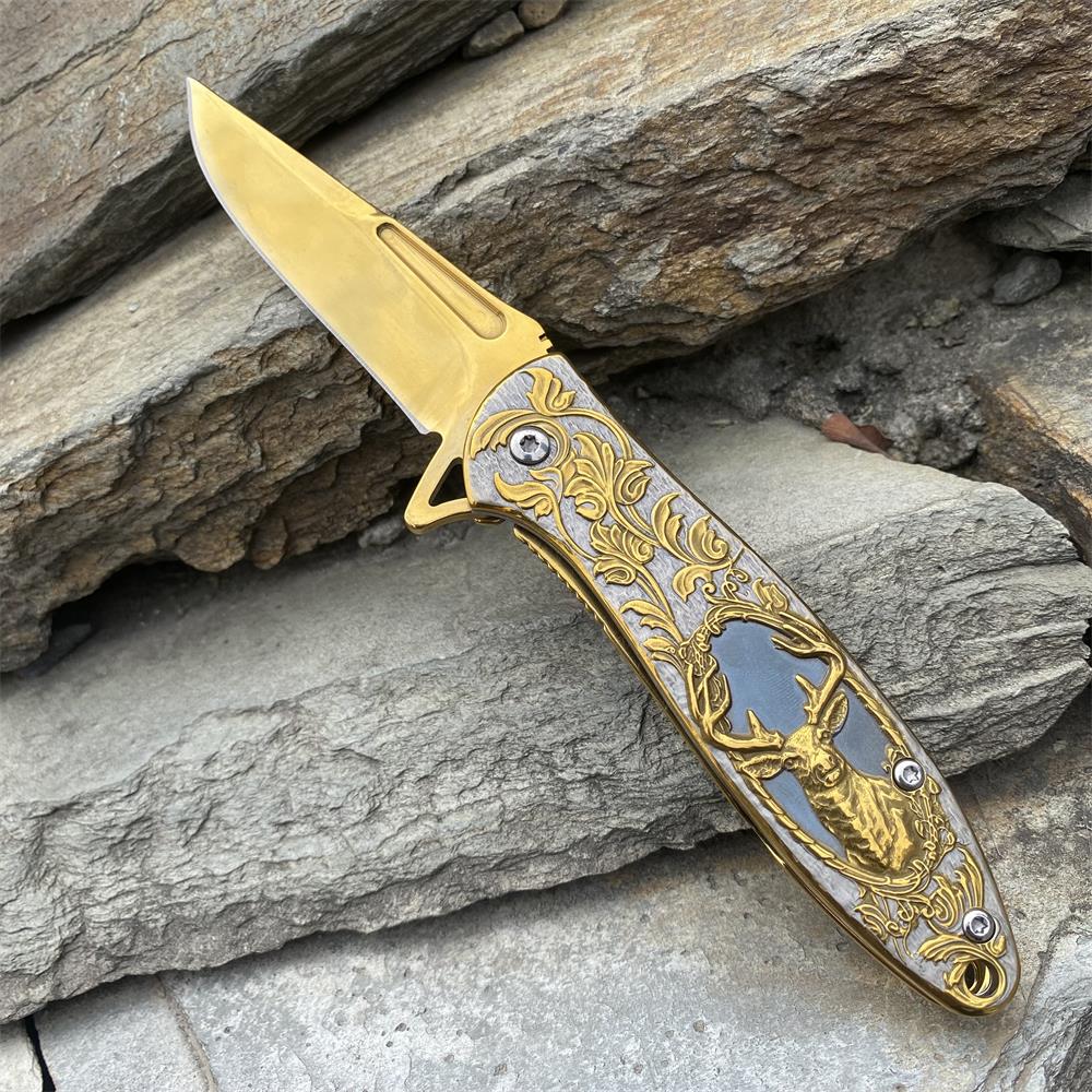 Fantastic Reindeer in the Mirror Folding Knife