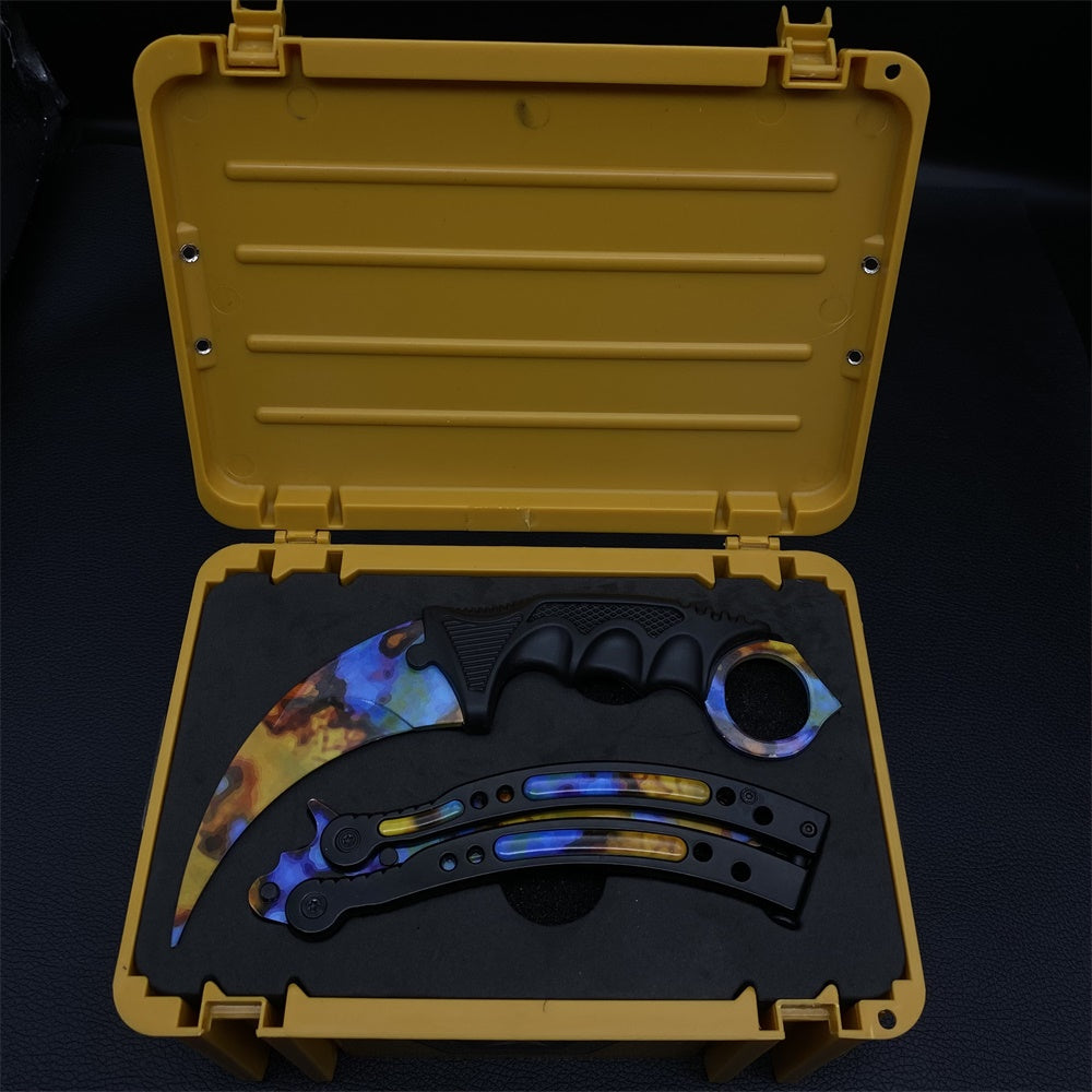 Case Hardened Blunt Blade Karambit Trainer & Balisong Butterfly Knife Trainer 2 in 1 Pack Gift Box
