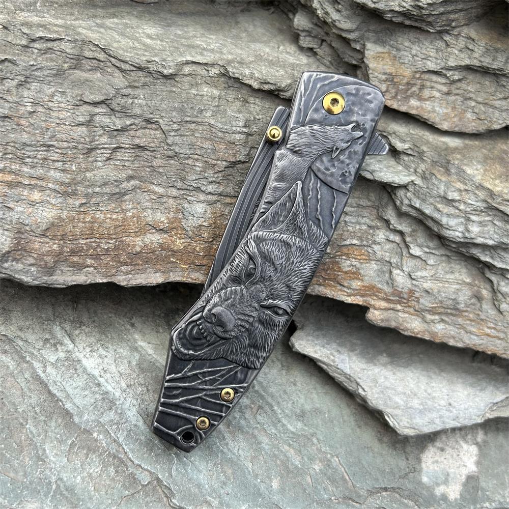 Wolf Head Relief Folding Knife