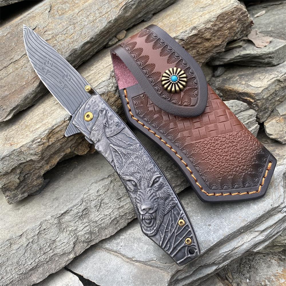 Wolf Head Relief Folding Knife