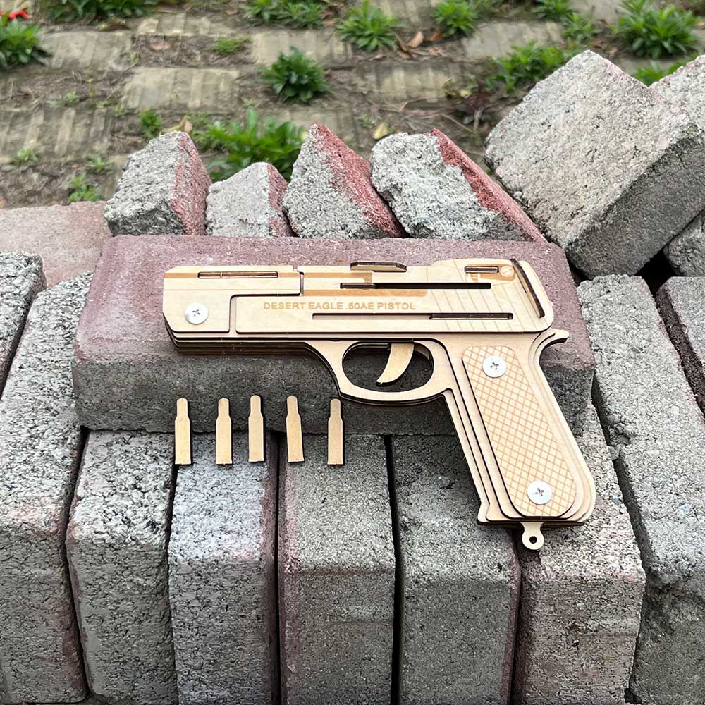 Solid Wooden Rubber Band Pistol With Functional Clip