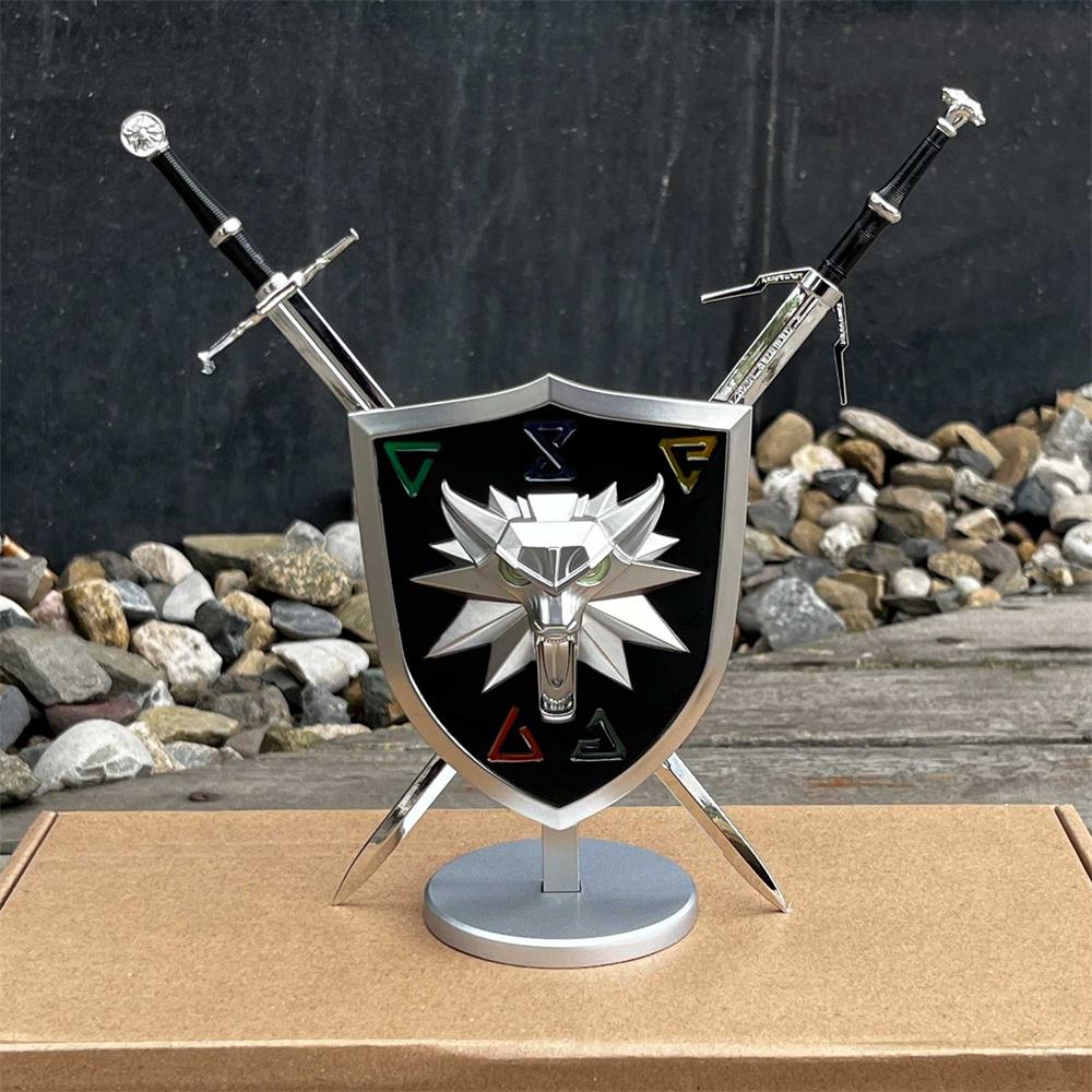 Metal Miniature Shield Griffin Silver Steel Sword Small Replica With Luminous Aard, Igni, Axii, Yrden, Quen signs