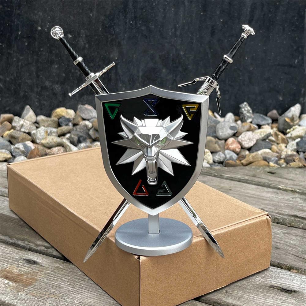 Metal Miniature Shield Griffin Silver Steel Sword Small Replica With Luminous Aard, Igni, Axii, Yrden, Quen signs