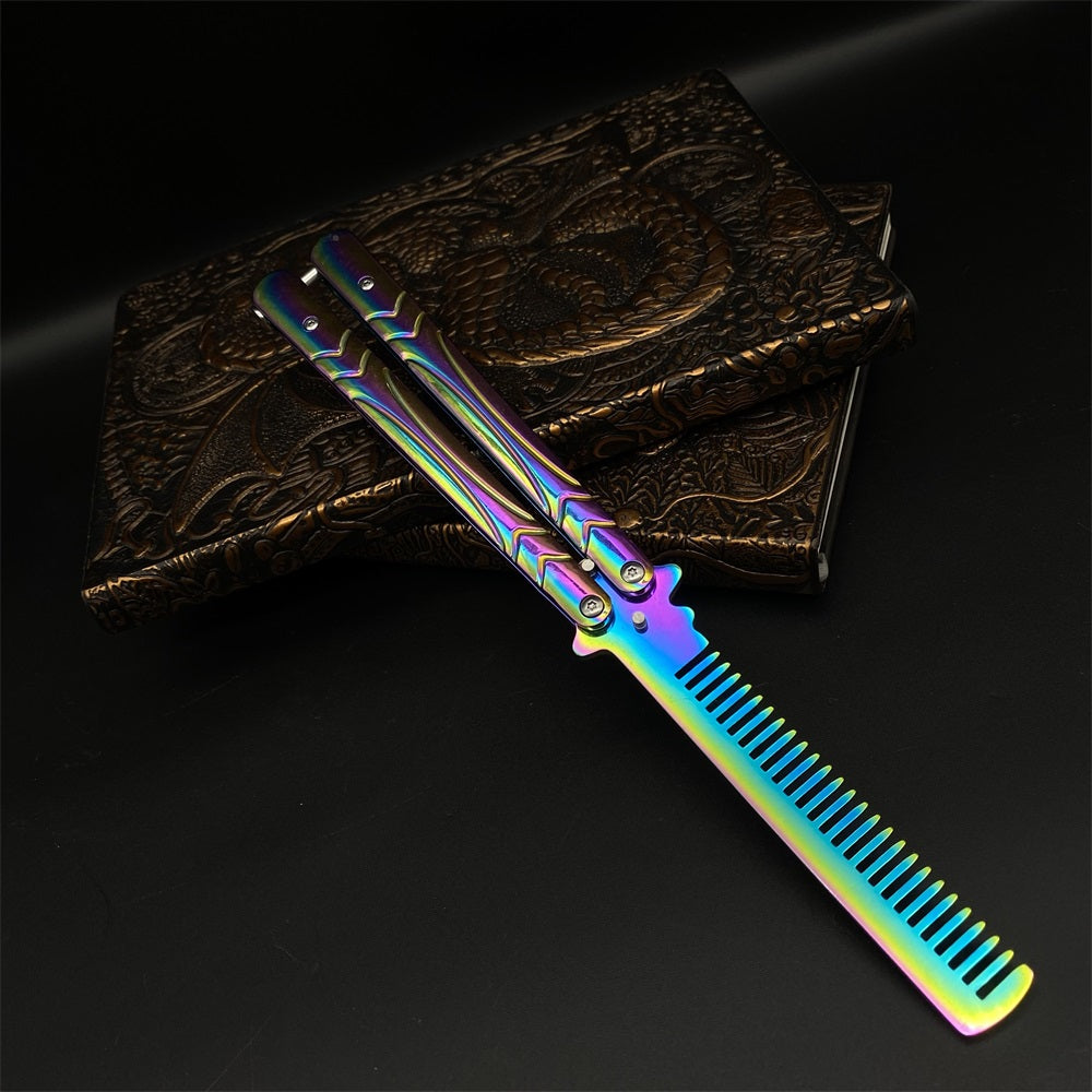 Stainless Steel Blunt Blade Rainbow Color Sword Head Comb Balisong Training Knife EDC