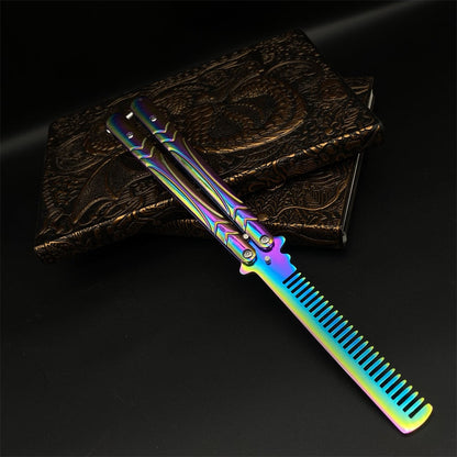 Stainless Steel Blunt Blade Rainbow Color Sword Head Comb Balisong Training Knife EDC