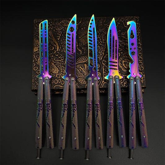 Stainless Steel Rainbow Color Scorpion Relief  Blunt Blade Balisong Butterfly Knife Trainer