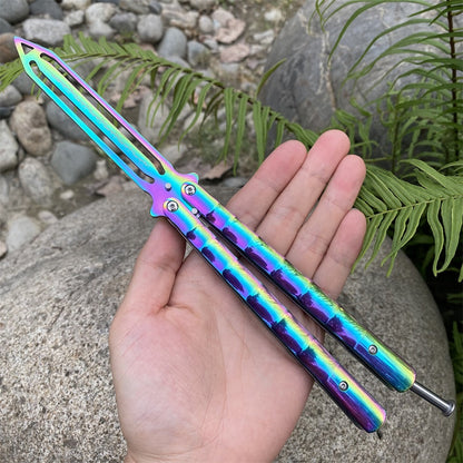 Stainless Steel Blunt Blade Rainbow Color Sword Head Comb Balisong Training Knife EDC