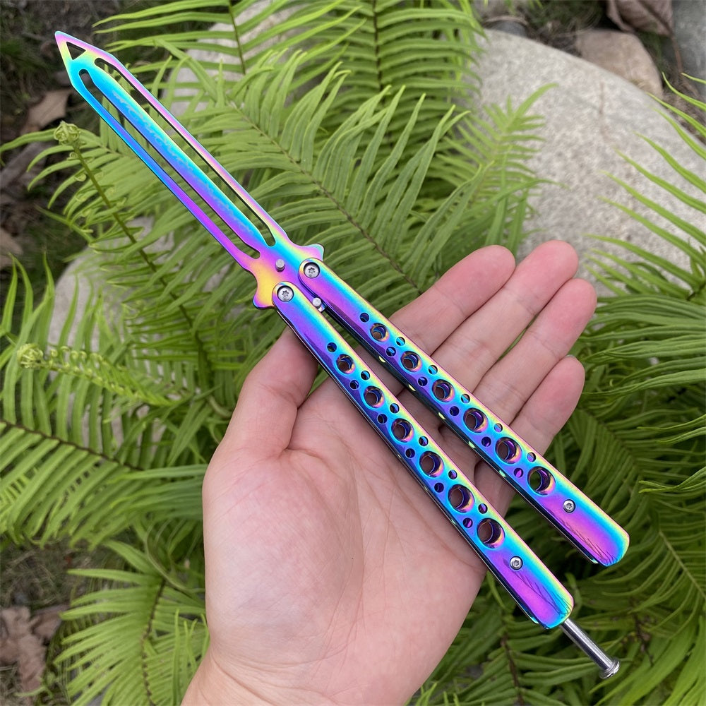 Stainless Steel Blunt Blade Rainbow Color Sword Head Comb Balisong Training Knife EDC