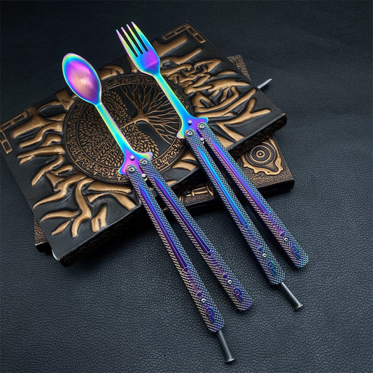 Stainless Steel  Rainbow Fork Spoon Balisong Butterfly Trainer 