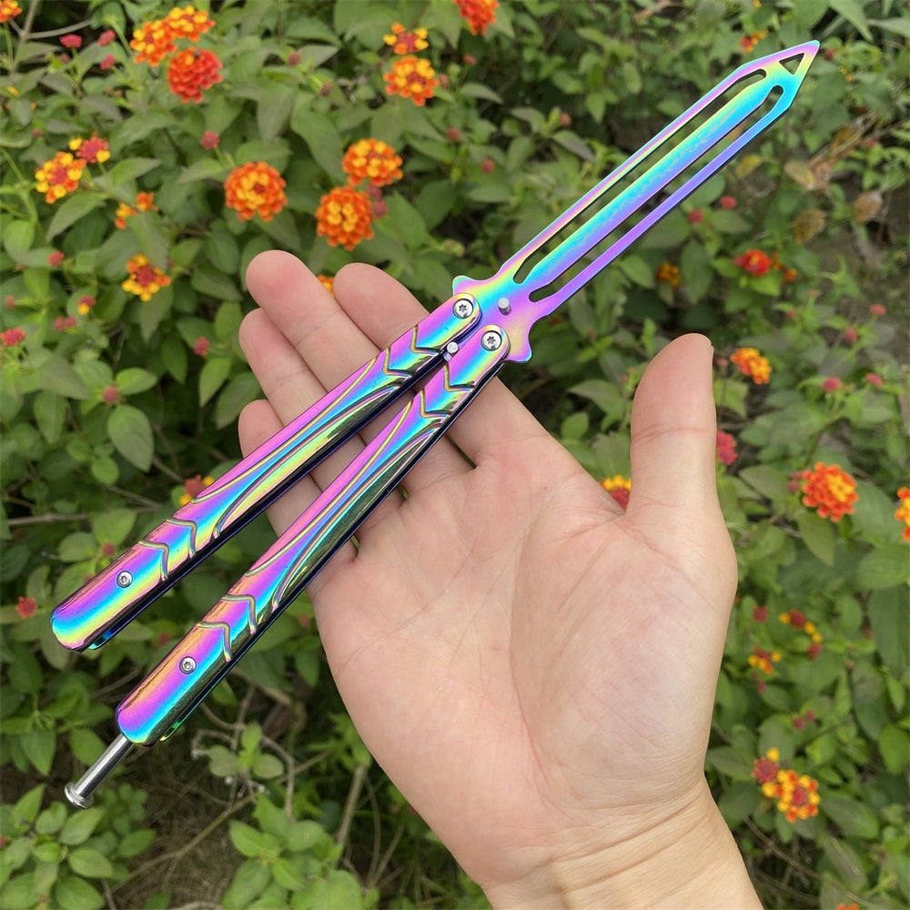 Stainless Steel Blunt Blade Rainbow Color Sword Head Comb Balisong Training Knife EDC