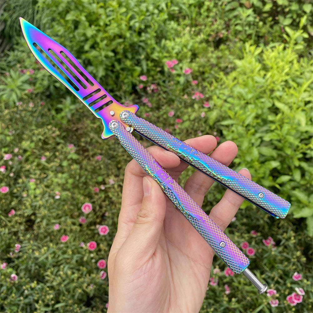 Stainless Steel Rainbow Color Scorpion Relief  Blunt Blade Balisong Butterfly Knife Trainer