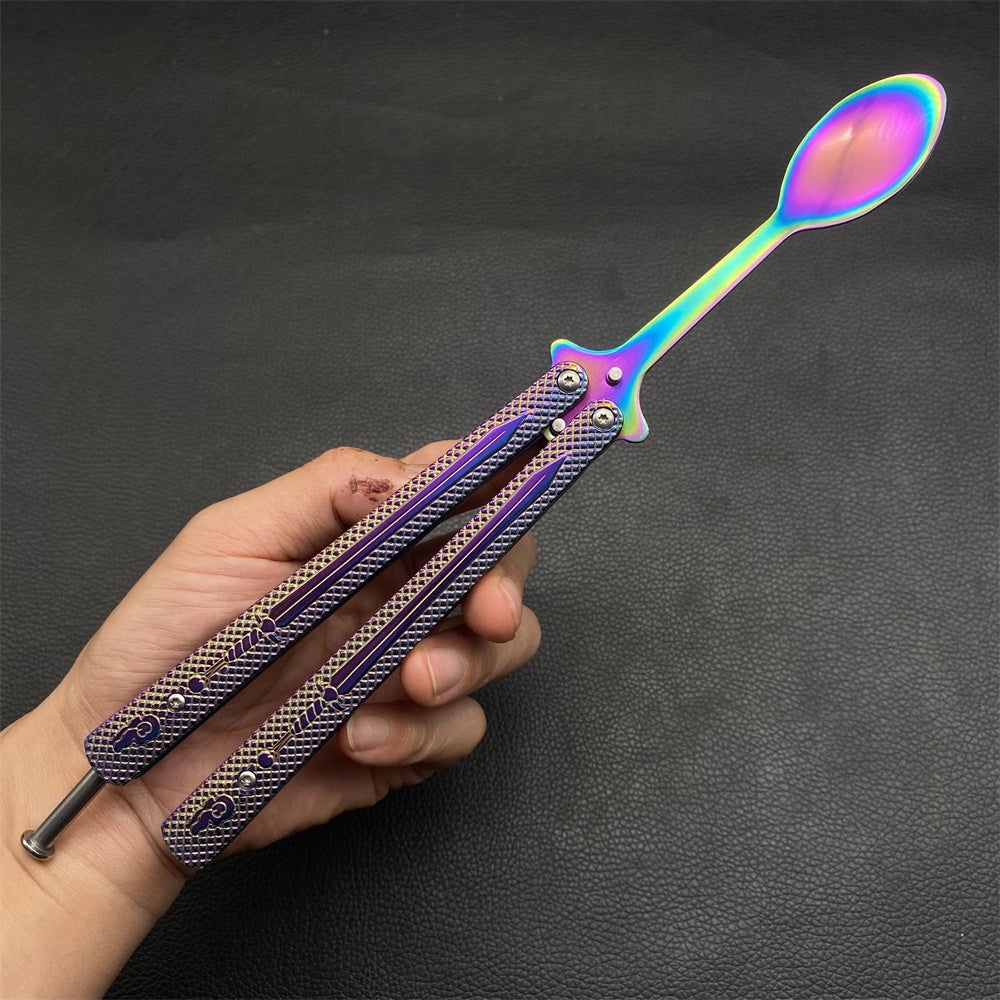 Stainless Steel  Rainbow Fork Spoon Balisong Butterfly Trainer 