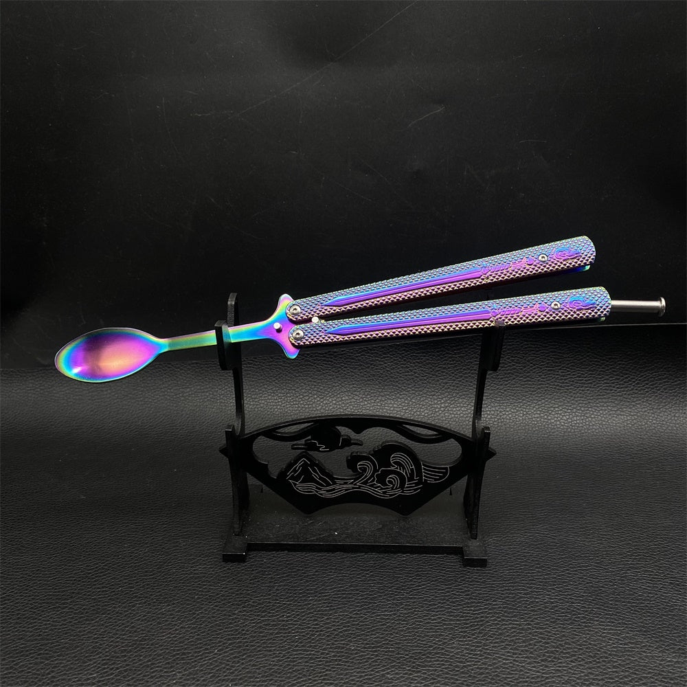 Stainless Steel  Rainbow Fork Spoon Balisong Butterfly Trainer 