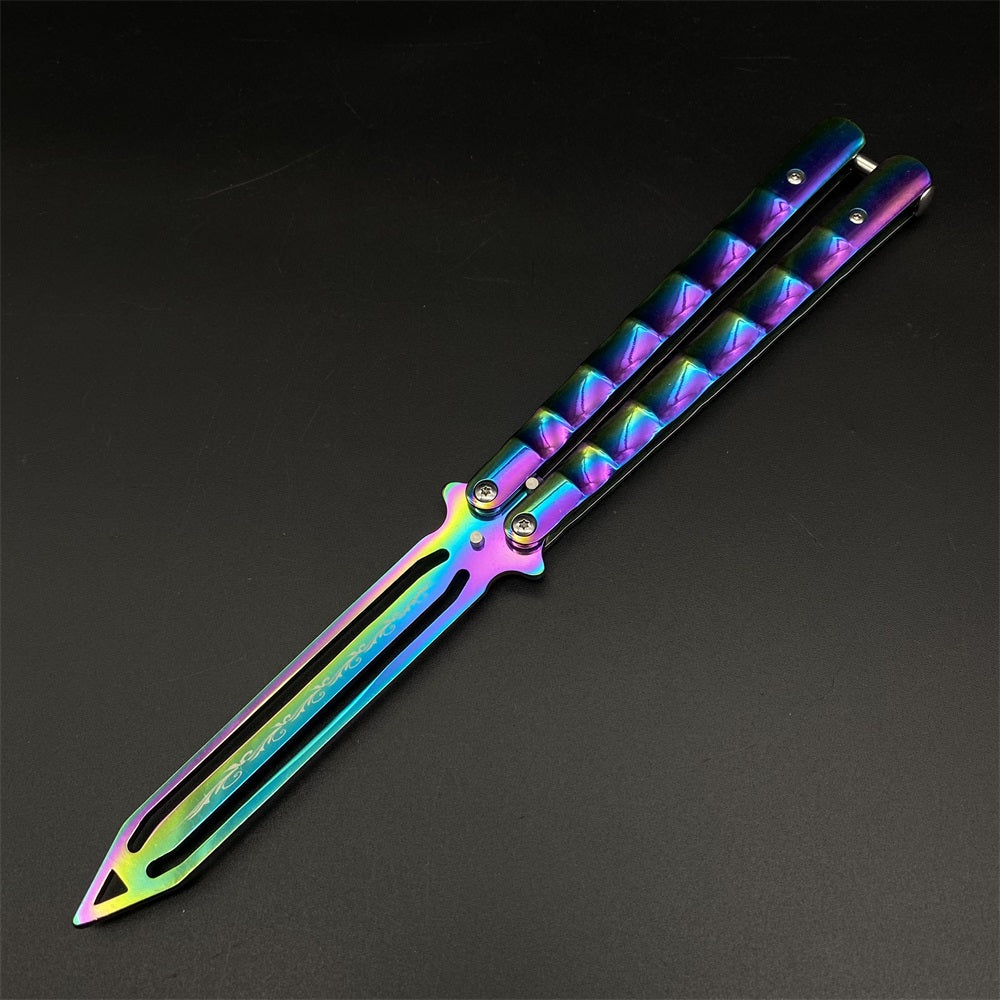 Stainless Steel Blunt Blade Rainbow Color Sword Head Comb Balisong Training Knife EDC
