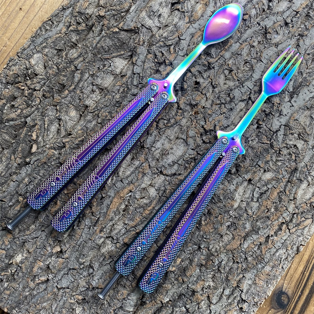 Stainless Steel  Rainbow Fork Spoon Balisong Butterfly Trainer 