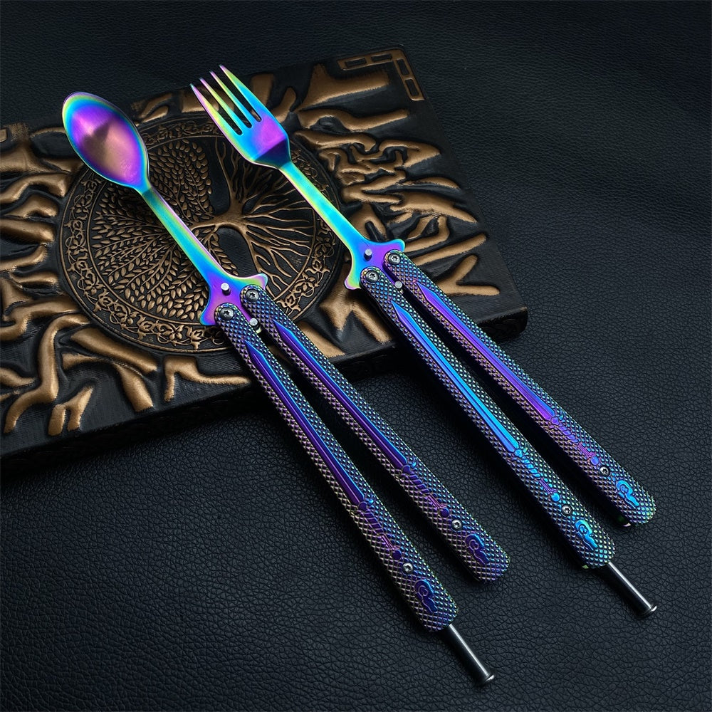 Stainless Steel  Rainbow Fork Spoon Balisong Butterfly Trainer 