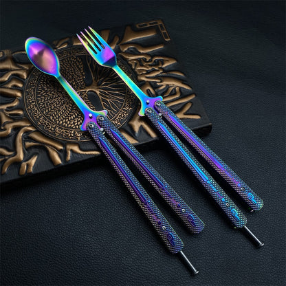 Stainless Steel  Rainbow Fork Spoon Balisong Butterfly Trainer 